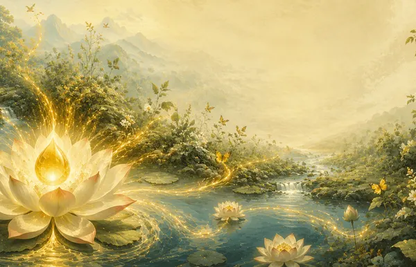 A glowing golden lotus over calm water — Ayurveda's image of rebuilt Ojas, vital energy restored