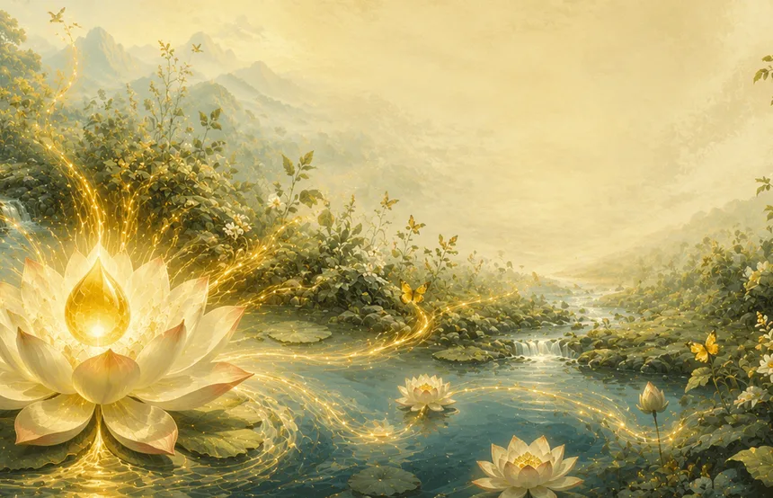 A glowing golden lotus over calm water — Ayurveda's image of rebuilt Ojas, vital energy restored